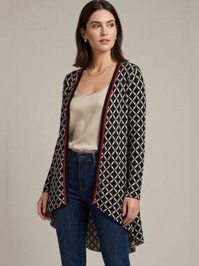 Bellini Geometric Women's Open Front Cardigan Sweater Size Small Black Red White